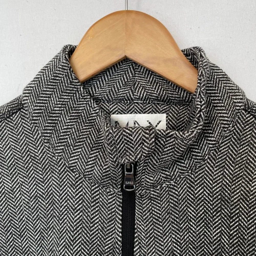 MNY Marc NY Women's Medium Full Zip Jacket Stand Up Collar Black Herringbone